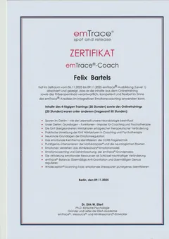 Zertifikat emTrace®-Coach (Level 1) von Felix Bartels, Eilert-Akademie Berlin