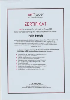 Zertifikat emTrace®-Aufbautraining (Level 2) von Felix Bartels, Eilert-Akademie Berlin