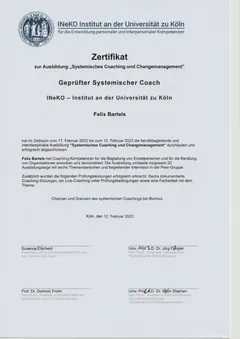 Zertifikat Geprüfter Systemischer Coach von Felix Bartels, IneKo Institut an der Universität zu Köln